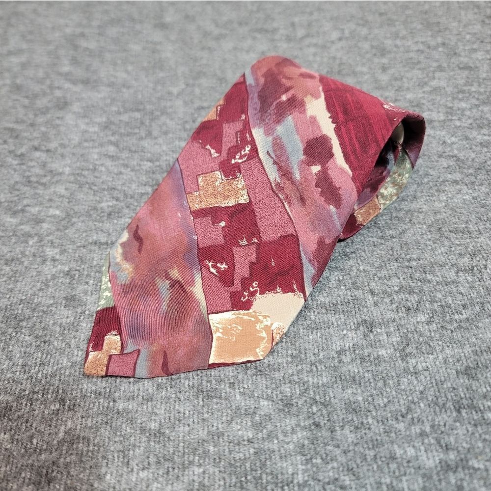 Vtg 90's Christian Dior Red Silk Tie Abstract Paint Pattern
